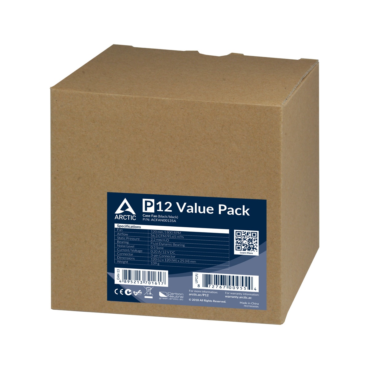 Вентилятор 120x120x25 Arctic P12, 1800rpm, 0.20A, Value pack 5шт, (черный), ACFAN00135A