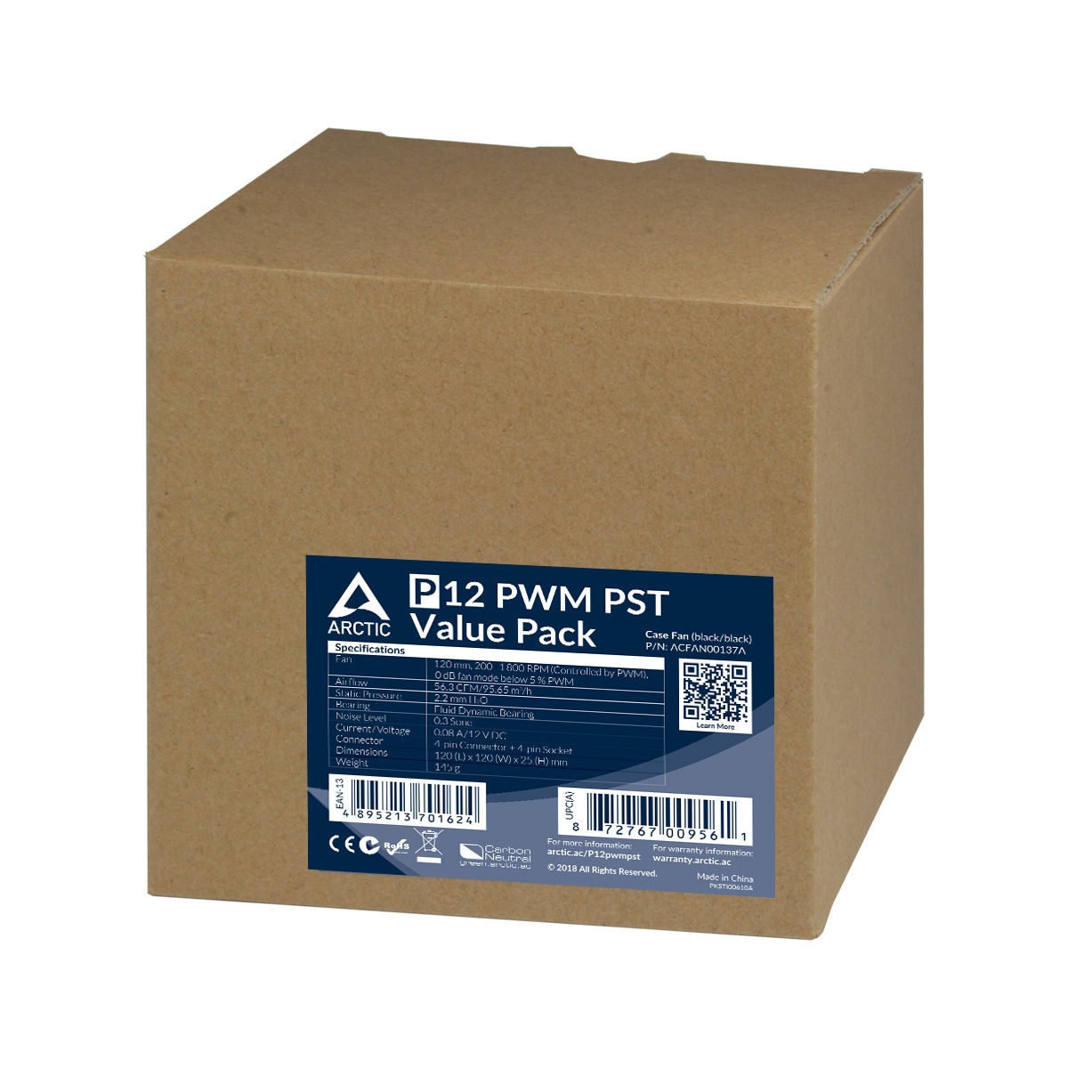 Вентилятор 120x120x25 Arctic P12 PWM PST, 200-1800rpm, 0.10A, Value pack 5шт, (черный), ACFAN00137A