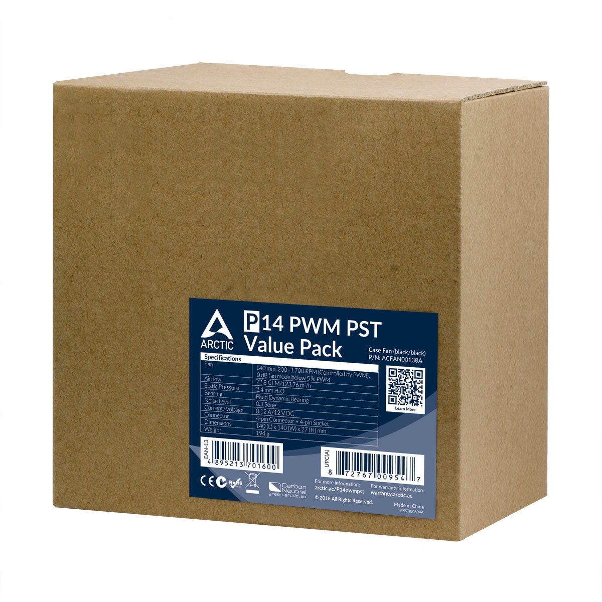Вентилятор 140x140x27 Arctic P14 PWM PST (черный), 200-1700rpm, 0.12A,Value Pack 5шт. ACFAN00138A