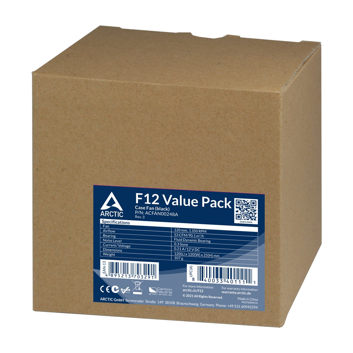 Вентилятор 120x120x25 Arctic F12, 1350rpm, 0.12A, (черный), Value pack 5шт, ACFAN00248A