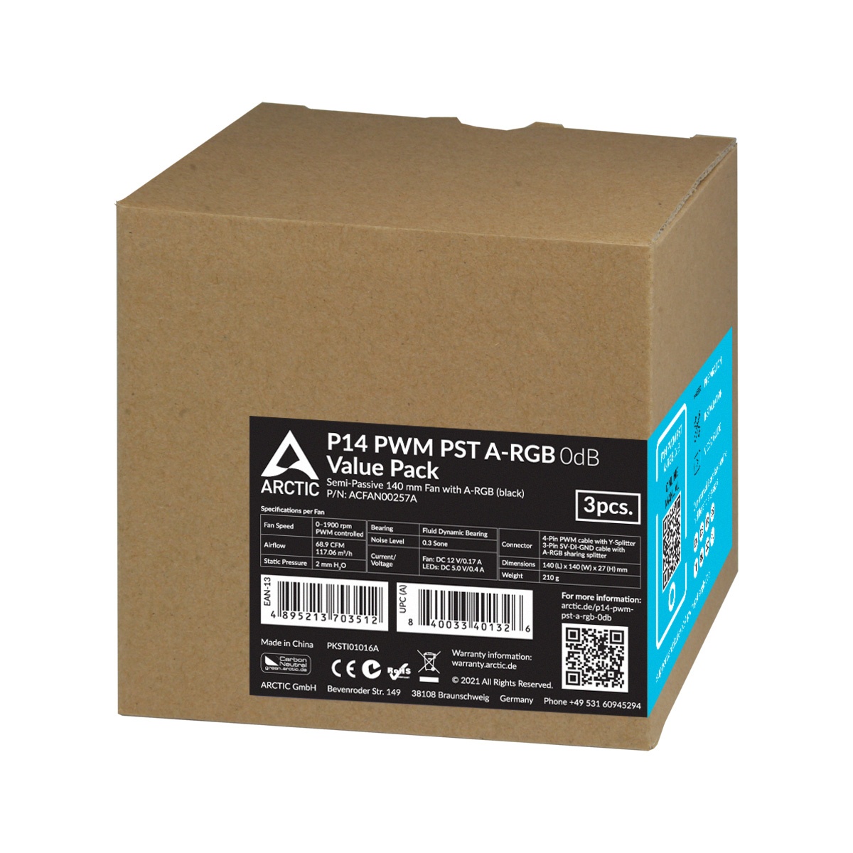 Вентилятор 140x140x27 Arctic P14 PWM PST A-RGB 0dB Value Pack 3шт. ACFAN00257A